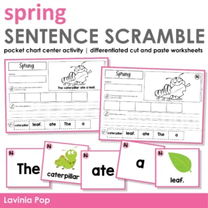 Spring Sentence Building Activities for Kindergarten sentence scramble pocket chart center and cut and paste worksheet activity