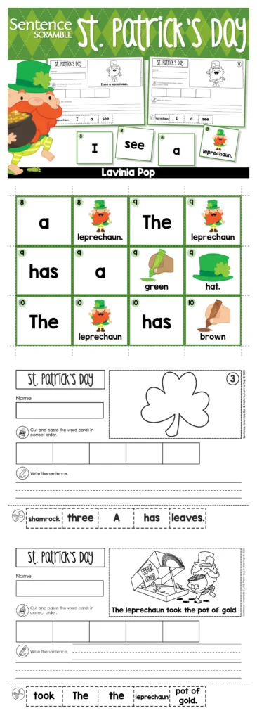 Sentence Scramble Pocket Chart Activity St. Patrick's Day printable sentence building word cards with seasonal vocabulary for March literacy centers.