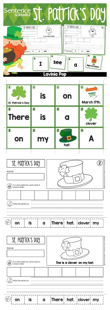 Sentence Scramble Pocket Chart Activity St. Patrick's Day printable worksheets with cut and paste sentence building and matching word cards.