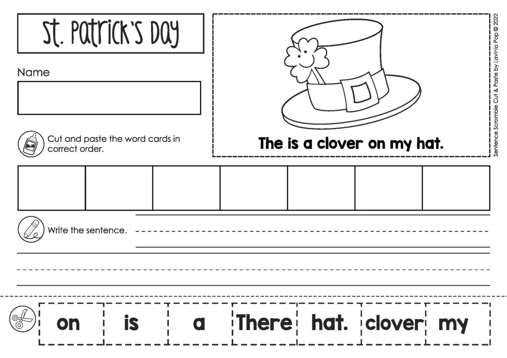 Sentence Scramble Pocket Chart Activity St. Patrick's Day printable worksheet with scrambled clover hat sentence for sentence building practice.