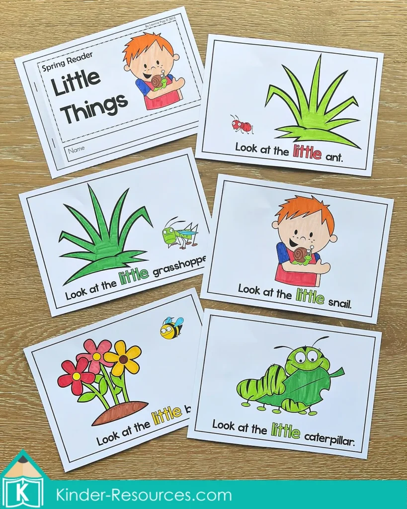 Spring emergent readers for kindergarten little things mini book pages with simple sentences and sight word little