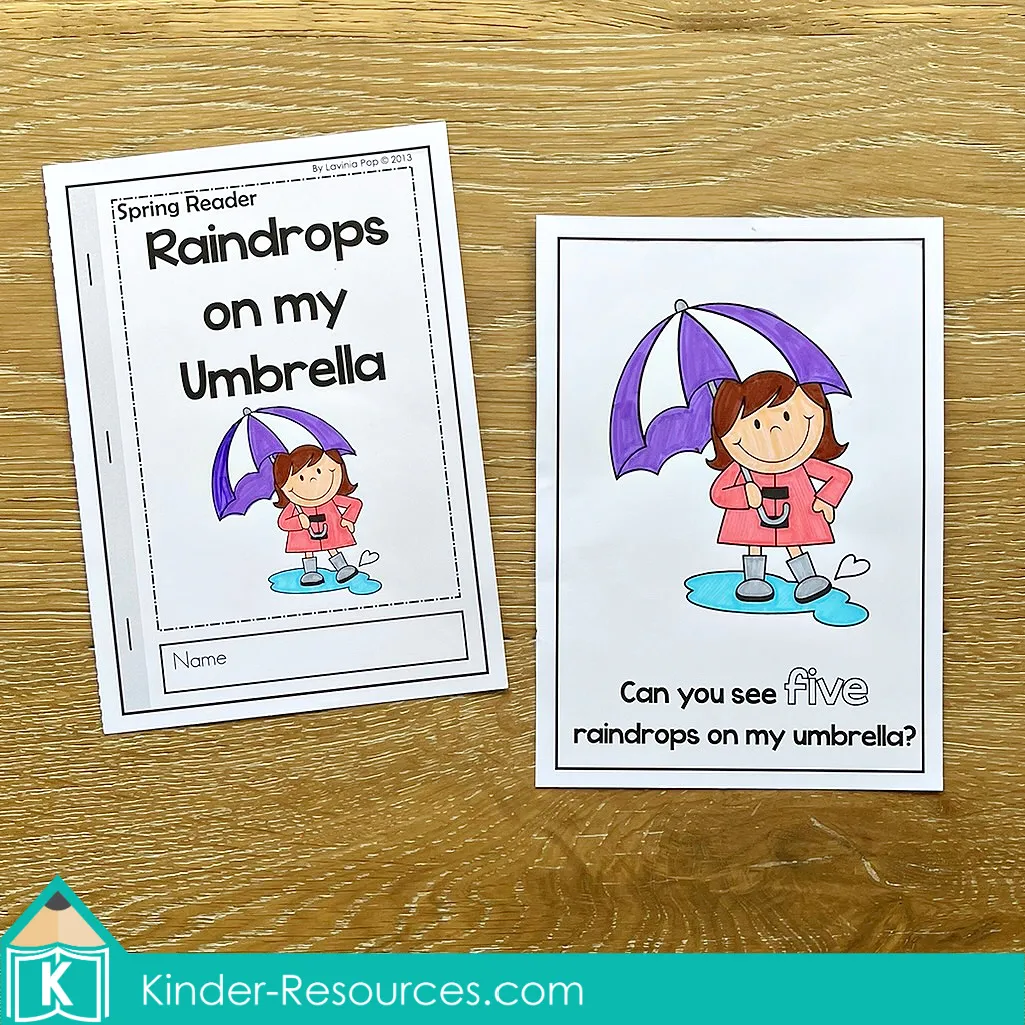 Spring emergent readers for kindergarten raindrops on my umbrella printable reader with number practice and simple sentences