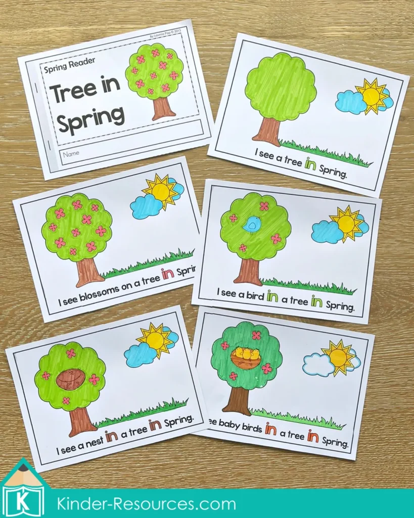 Spring emergent readers for kindergarten tree in spring printable mini book pages with simple sentences and sight word practice