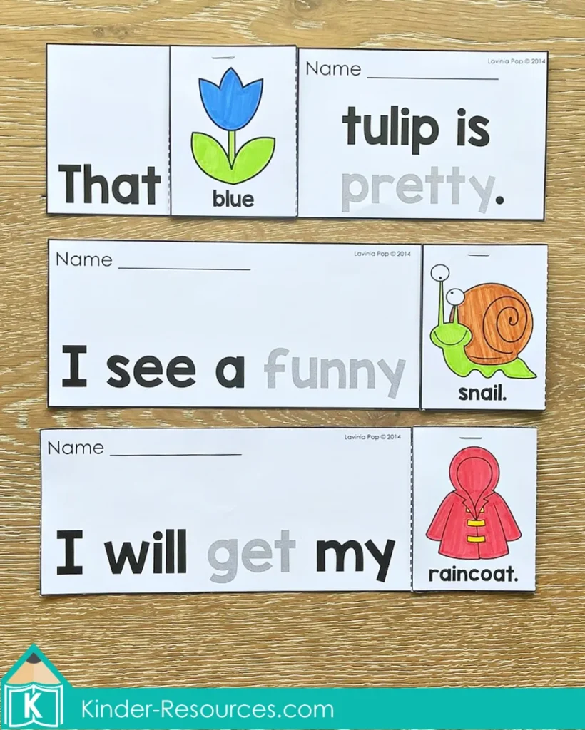 Spring Sight Word Flip Books for Kindergarten Fluency sentences “That tulip is pretty,” “I see a funny snail,” and “I will get my raincoat”