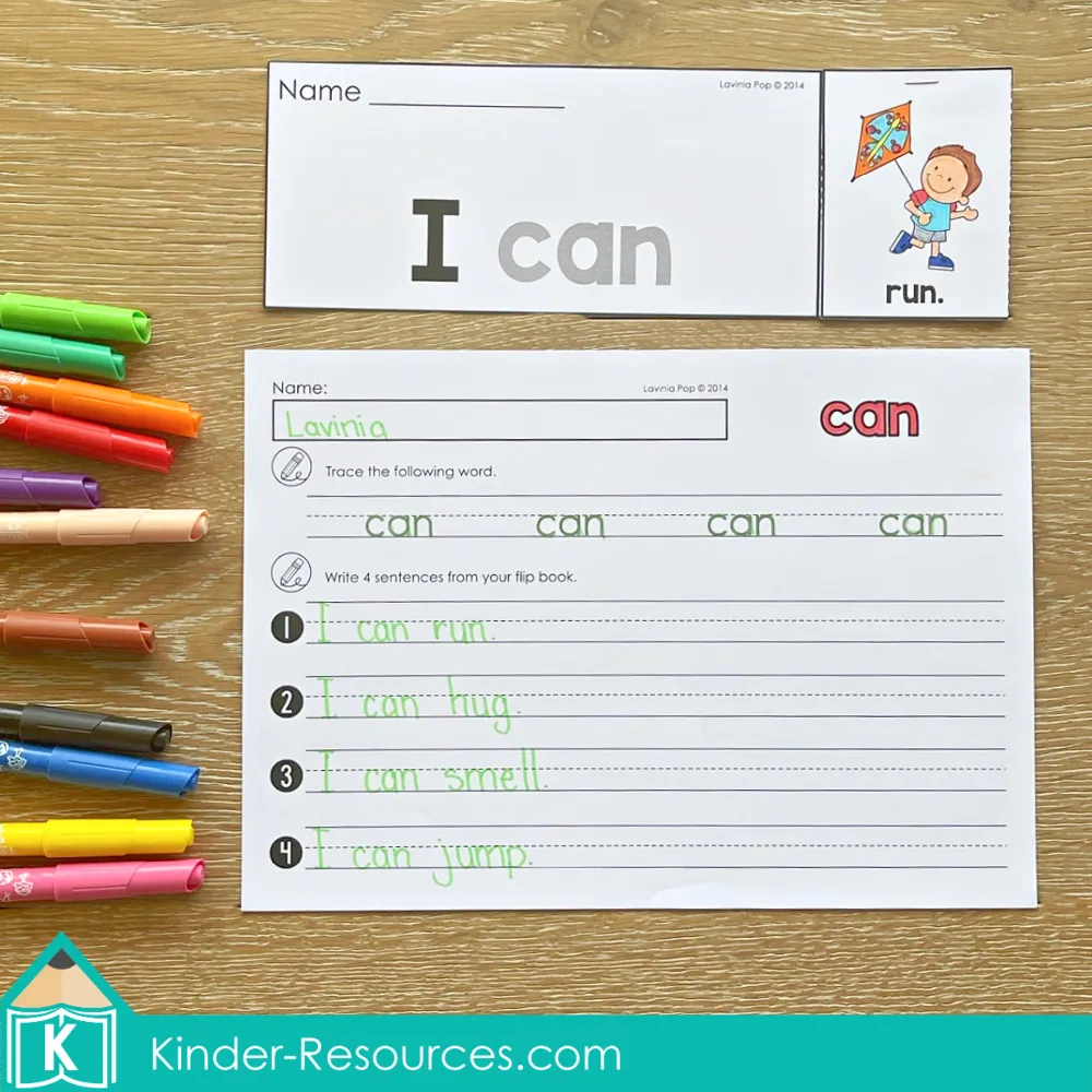 Spring Sight Word Flip Books for Kindergarten Fluency sentence “I can run” with tracing worksheet for the sight word can and sentence writing practice