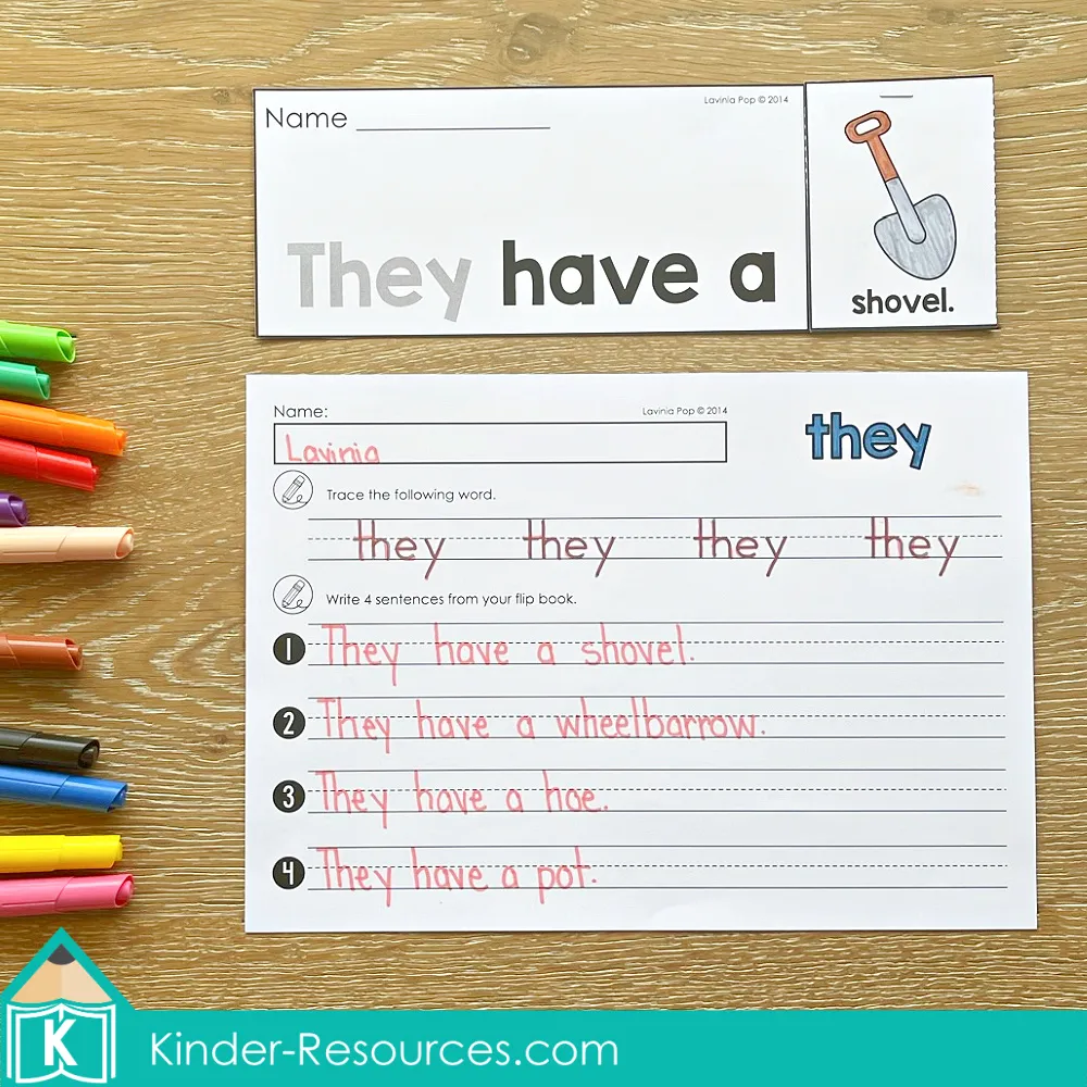 Spring Sight Word Flip Books for Kindergarten Fluency sentence “They have a shovel” with tracing worksheet for the sight word they and sentence writing practice