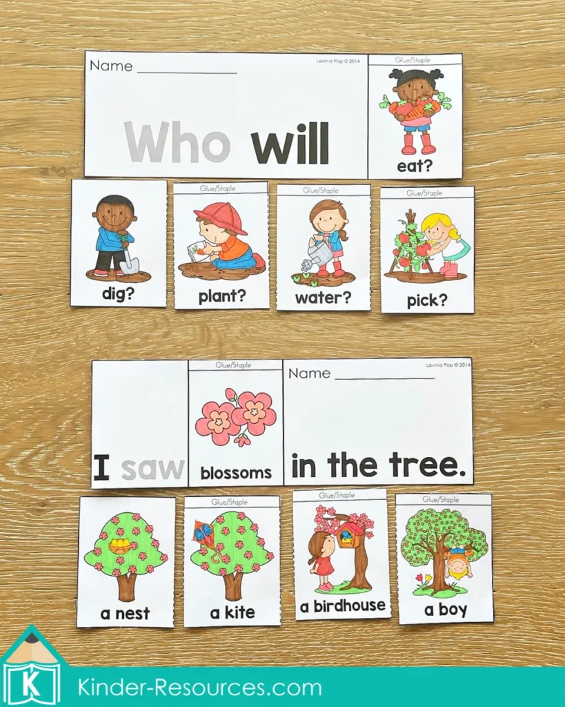 Spring Sight Word Flip Books for Kindergarten Fluency sentences “Who will eat” and “I saw blossoms in the tree” with picture choices dig plant water pick nest kite birdhouse boy