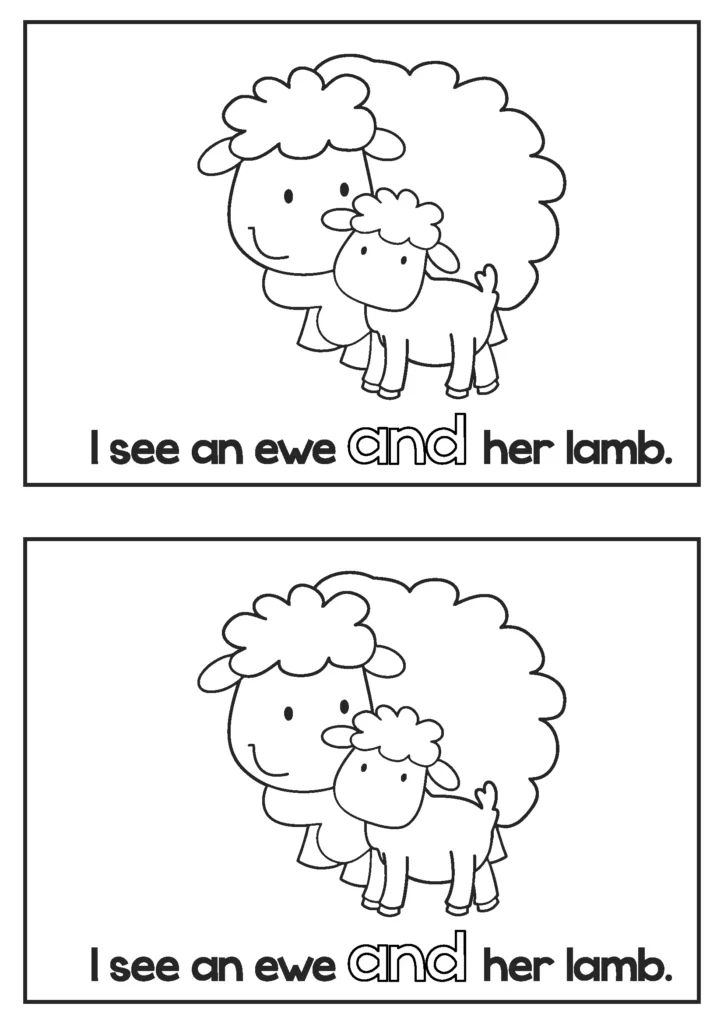 Spring emergent readers for kindergarten printable reading page with sentence I see an ewe and her lamb