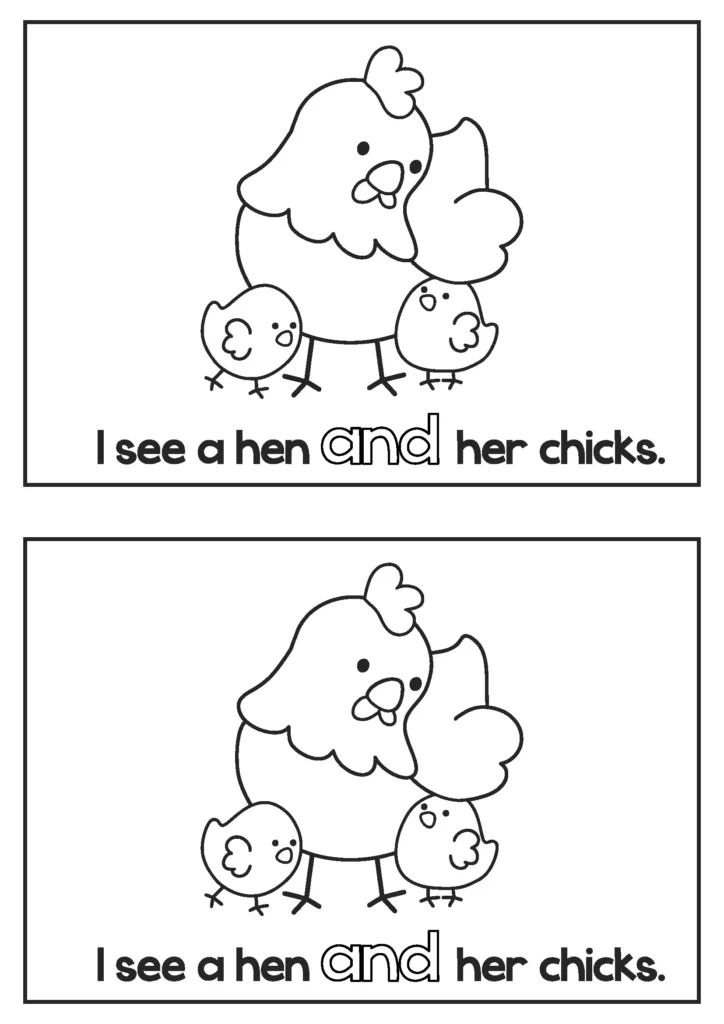Spring emergent readers for kindergarten reading page with sentence I see a hen and her chicks