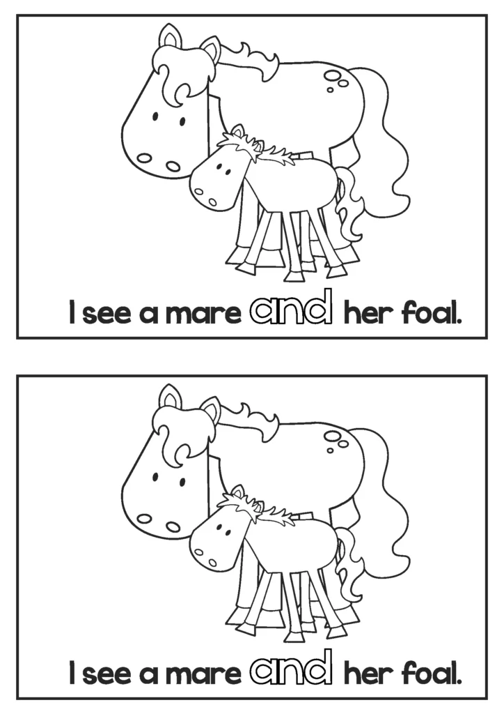 Spring emergent readers for kindergarten reading page with sentence I see a mare and her foal