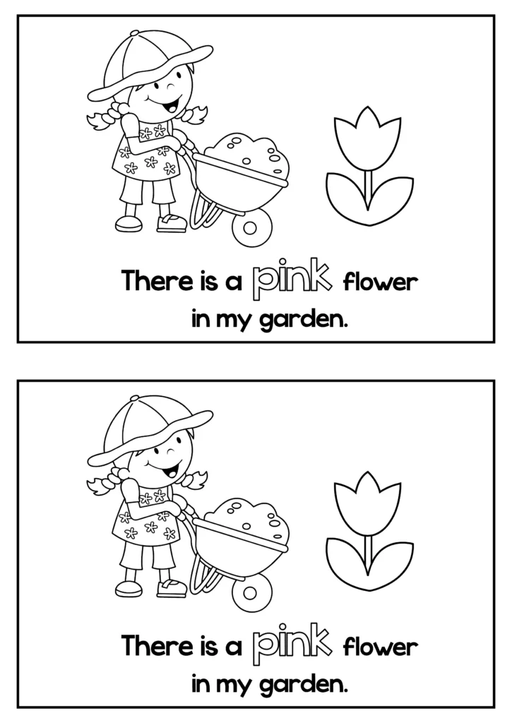 Spring Emergent Readers sentence reading page with color word pink in a simple garden sentence