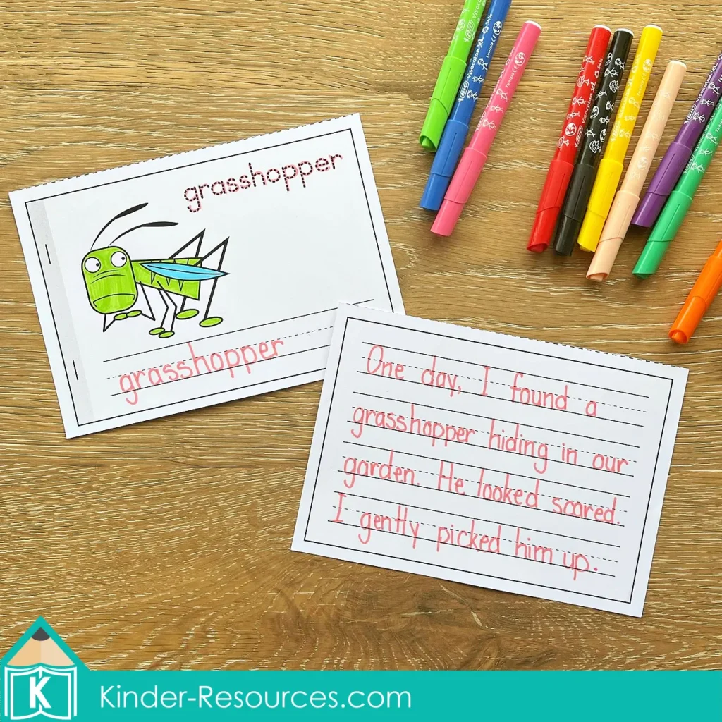 Spring Vocabulary Booklet grasshopper vocabulary page with student writing example for spring literacy centers