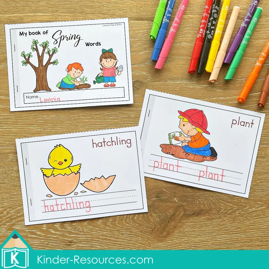 Spring Vocabulary Booklet trace and write pages with plant and hatchling vocabulary practice for kindergarten literacy centers