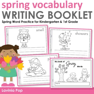 Spring Vocabulary Booklet trace and write word practice pages for kindergarten and first grade literacy centers