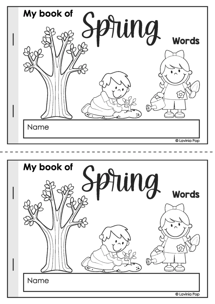 Spring Vocabulary Booklet student cover page with spring planting illustration for kindergarten vocabulary booklet
