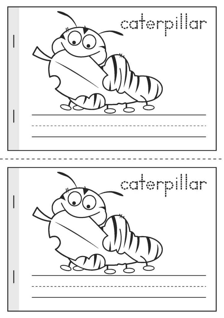 Spring Vocabulary Booklet caterpillar vocabulary page with trace word and writing lines for kindergarten literacy centers