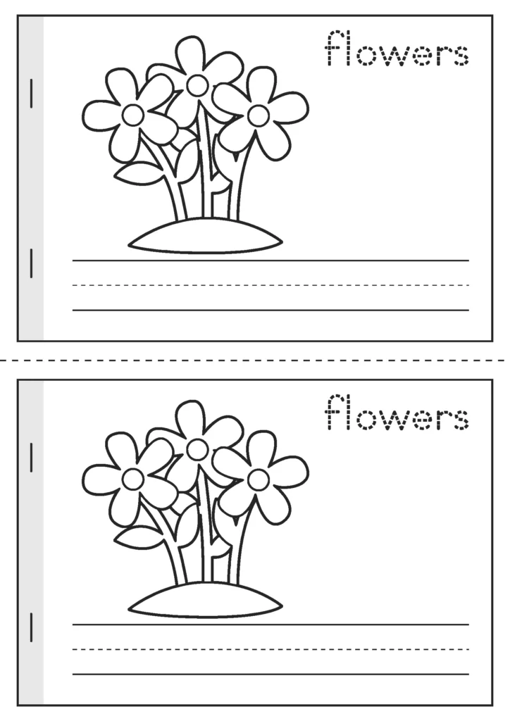 Spring Vocabulary Booklet flowers vocabulary page with trace word and writing lines for kindergarten spring vocabulary practice
