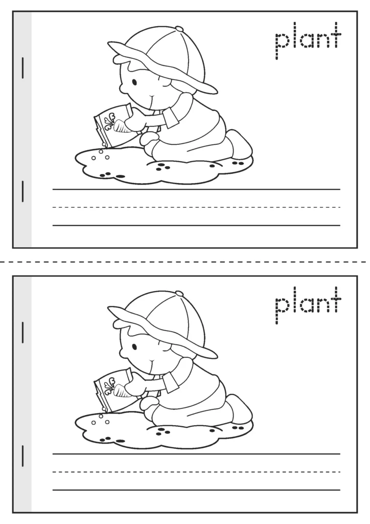 Spring Vocabulary Booklet plant vocabulary page with gardening illustration and writing lines for kindergarten literacy centers