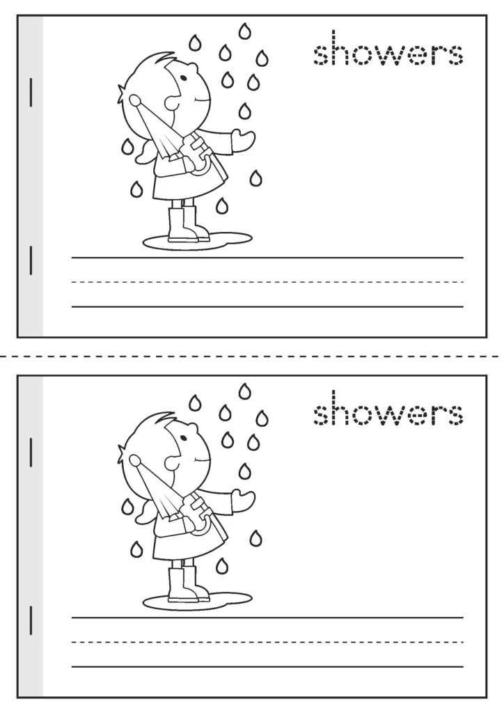 Spring Vocabulary Booklet showers vocabulary page with spring rain illustration and writing lines