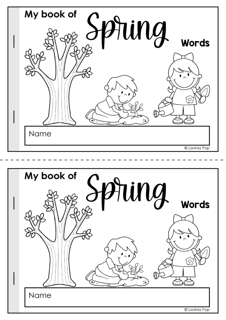 Spring Vocabulary Booklet student cover page with spring tree planting and watering illustrations