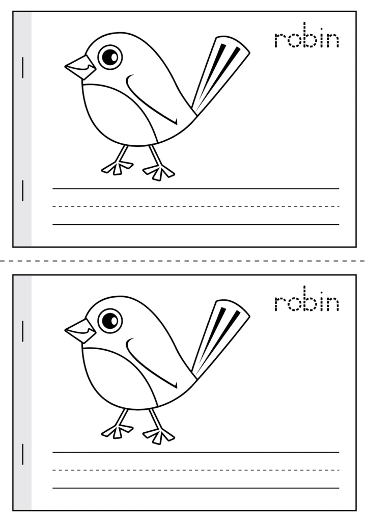 Spring Vocabulary Booklet robin vocabulary page with trace word and writing lines for spring literacy centers