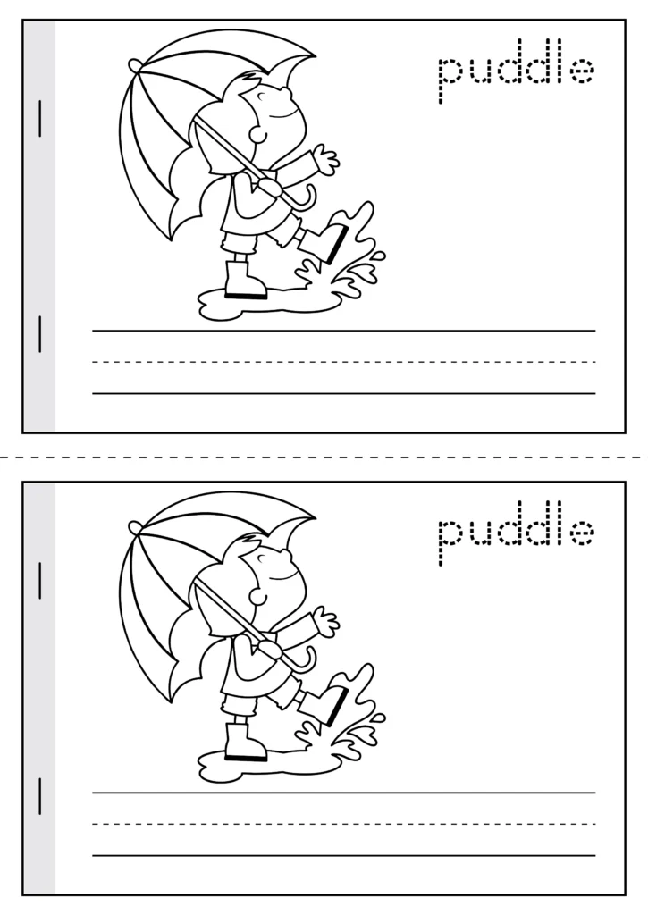 Spring Vocabulary Booklet puddle vocabulary page with umbrella splash illustration and writing lines