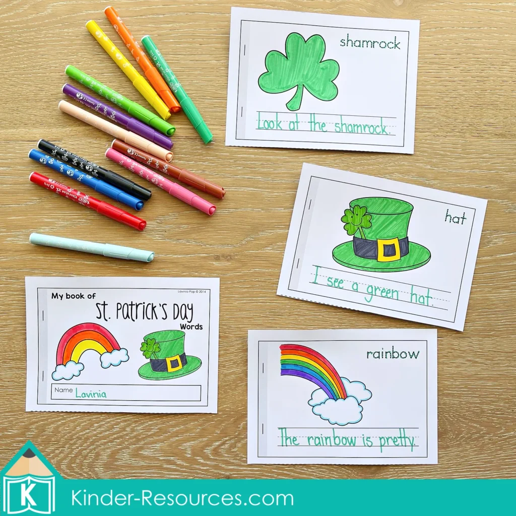 St. Patrick’s Day Vocabulary Booklet trace and write shamrock, hat, and rainbow pages with student cover for March literacy centers