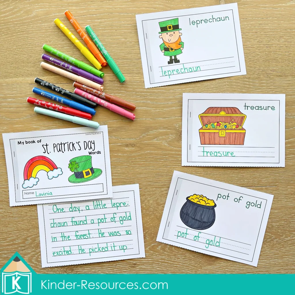 St. Patrick’s Day Vocabulary Booklet leprechaun, treasure, and pot of gold writing pages with student sentence practice