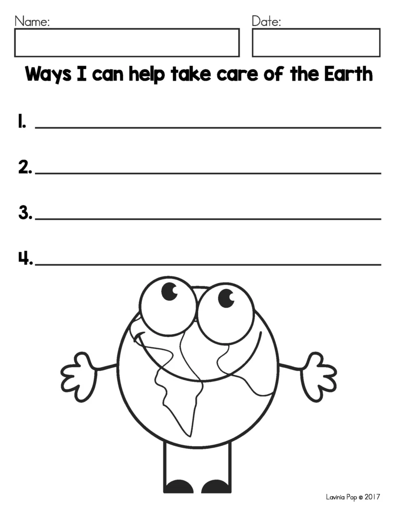 April Writing Journal Prompts list writing worksheet ways to help take care of the Earth with writing lines and Earth character