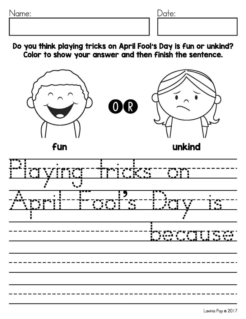 April Writing Journal Prompts opinion writing worksheet April Fools Day fun or unkind sentence starter