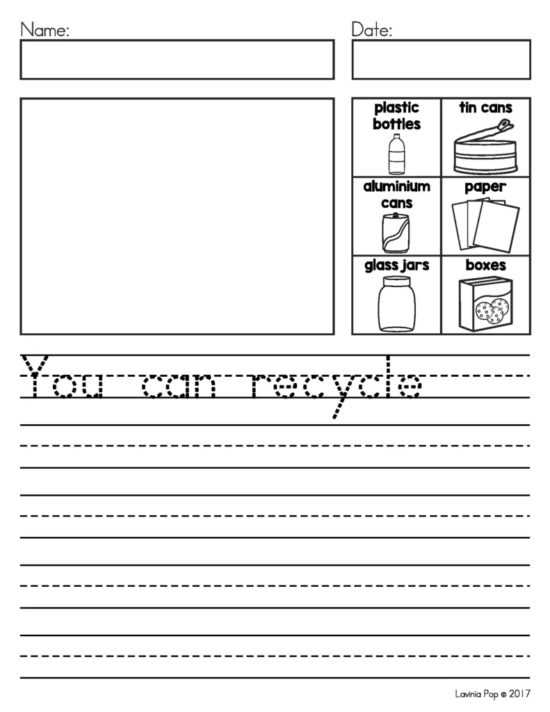 April Writing Journal Prompts recycling worksheet with sentence starter and pictures of plastic bottles tin cans paper glass jars and boxes