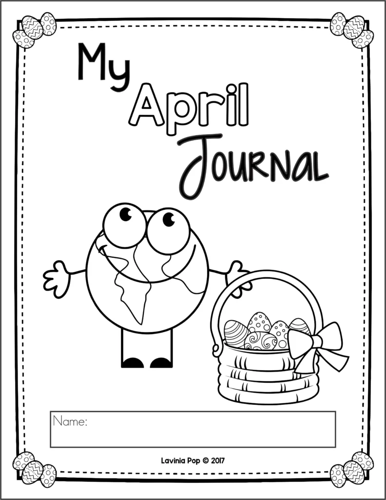 April Writing Journal Prompts cover page printable My April Journal with Earth character and Easter basket blackline coloring version first grade