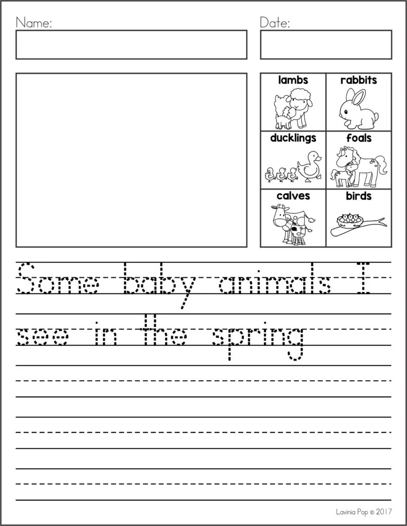 April Writing Journal Prompts spring baby animals writing worksheet with lambs rabbits ducklings foals calves and birds vocabulary words first grade
