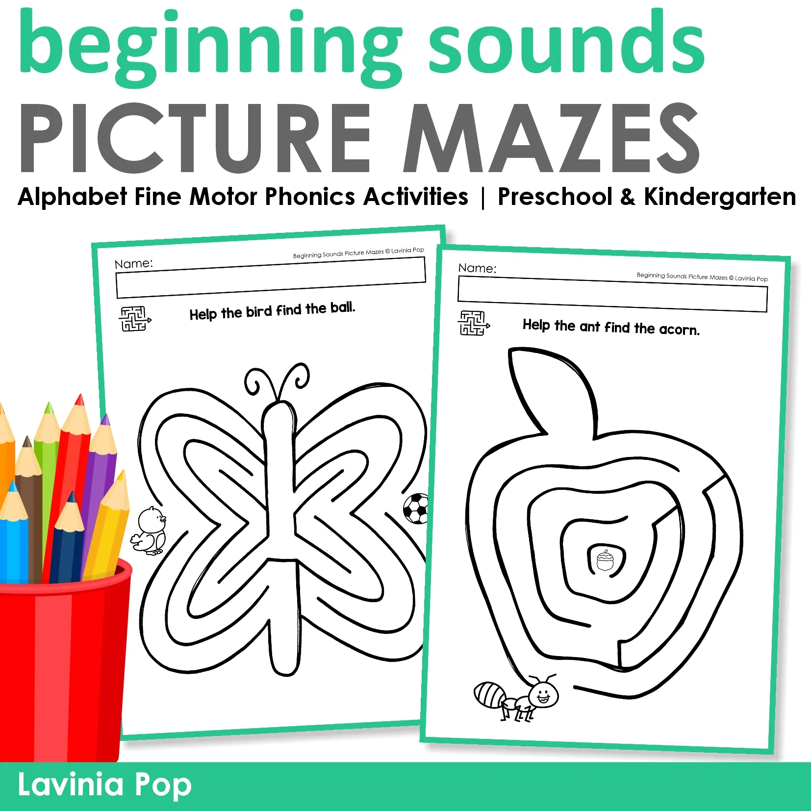 Beginning Sounds Picture Mazes Cover | Alphabet Fine Motor Phonics Activities beginning sounds picture mazes cover showing alphabet phonics maze worksheets for preschool and kindergarten fine motor tracing activities