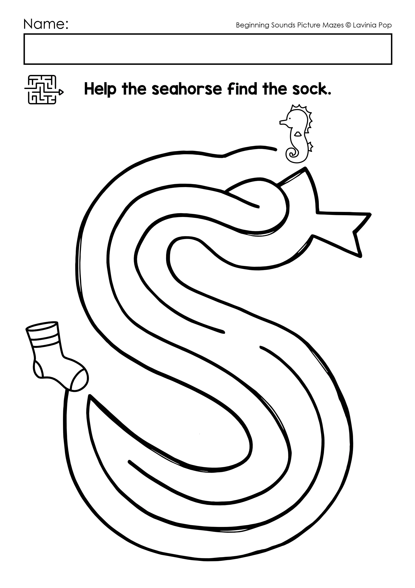 Beginning Sounds Picture Mazes Letter S Seahorse Maze beginning sounds picture mazes letter s maze with seahorse and sock for preschool and kindergarten phonics