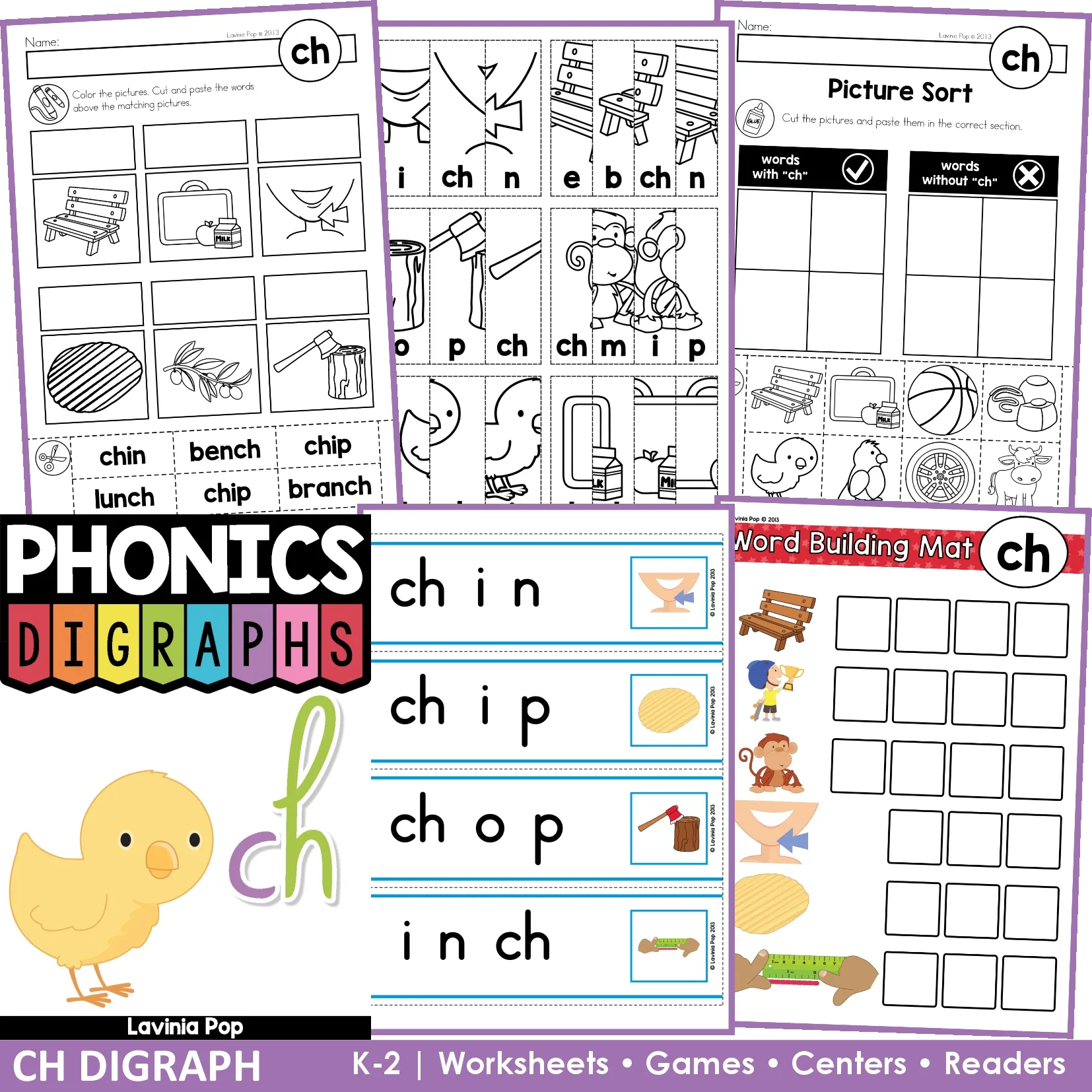 CH Digraph Activities Worksheets Games Centers Readers K 2 Phonics CH digraph phonics activities worksheets games centers and readers for kindergarten first grade and second grade with word building and reading practice