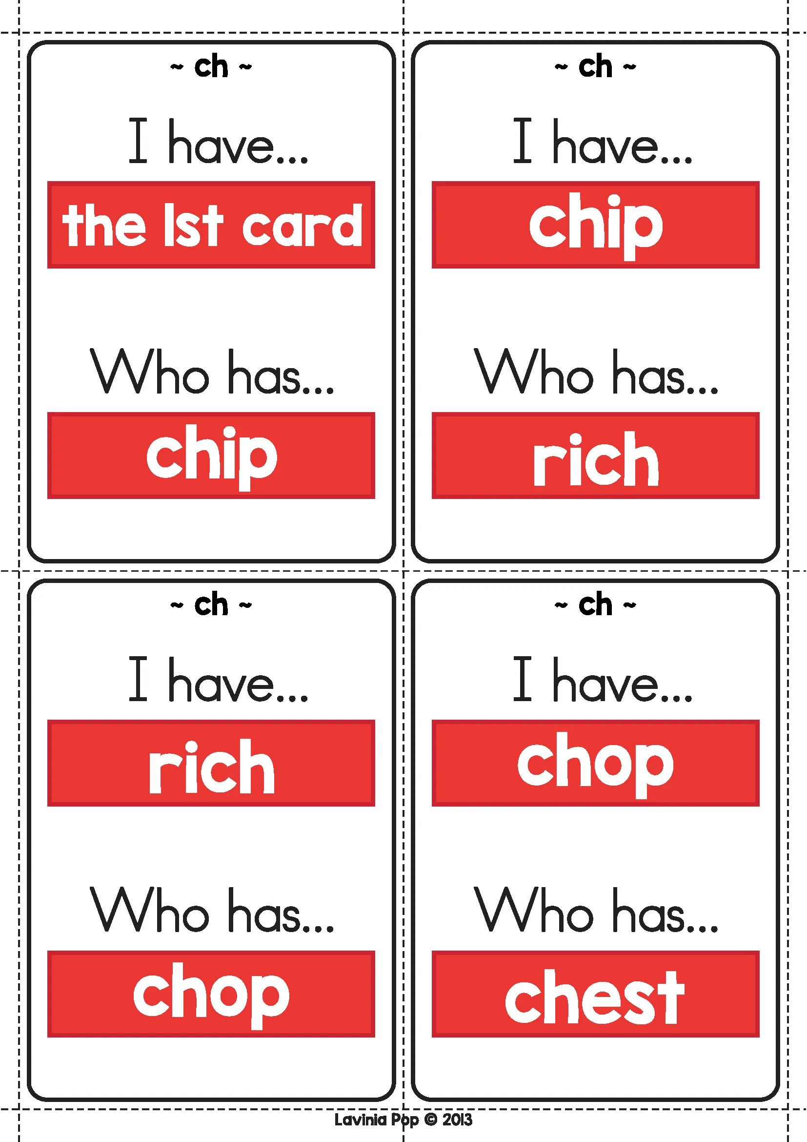 CH Digraph Worksheets and Activities I Have Who Has Game Cards CH Digraph Worksheets and Activities I Have Who Has game cards with ch words like chip rich chop chest for phonics practice