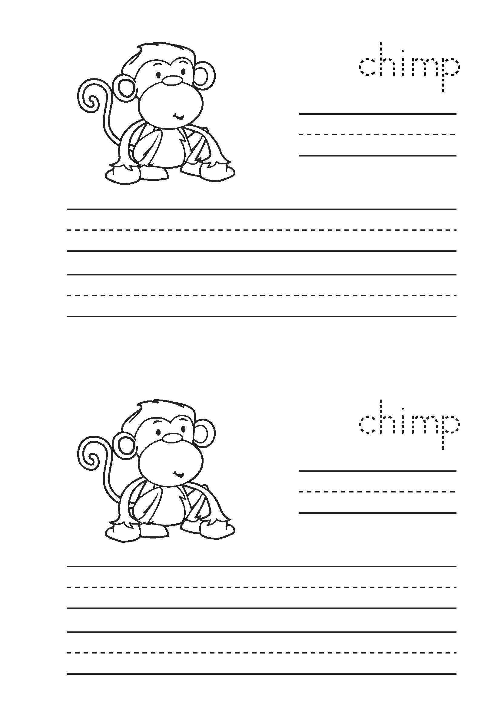CH Digraph Worksheets and Activities Writing Sentences Worksheet CH Digraph Worksheets and Activities writing worksheet with chimp picture and sentence writing lines for phonics practice