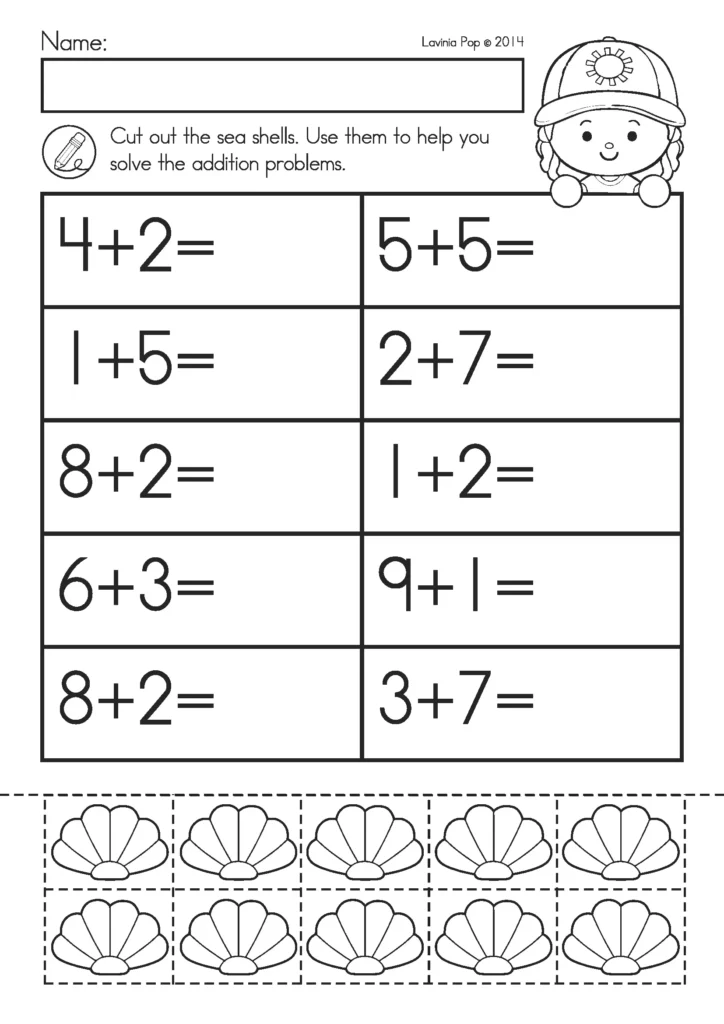 Summer Review Kindergarten Worksheets addition worksheet using cut and paste seashell manipulatives to solve sums within 10