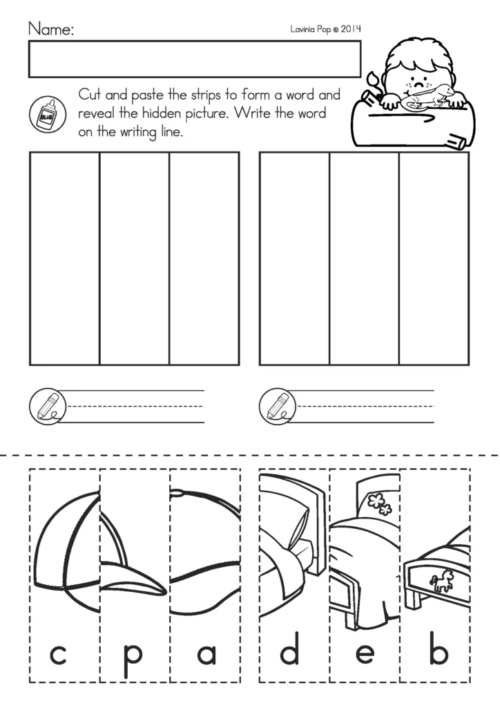 Summer Review Kindergarten Worksheets cut and paste CVC word puzzle worksheet forming cap and bed words with hidden pictures
