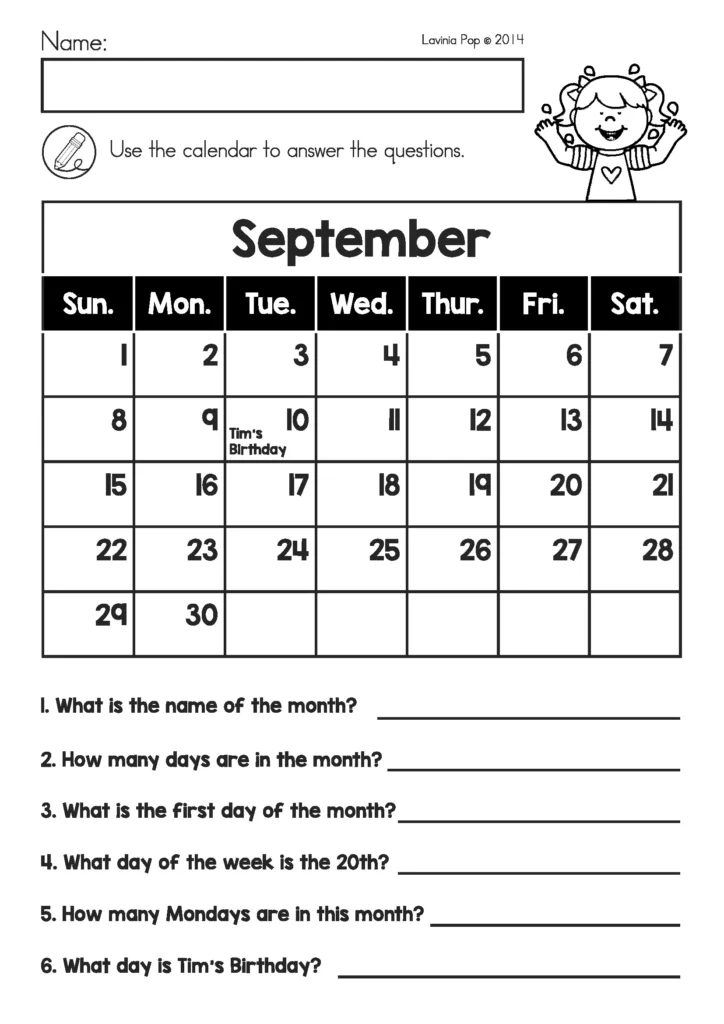 Summer Review Kindergarten Worksheets September calendar activity page with questions about days, dates, Mondays, and birthdays