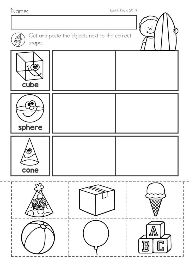 Summer Review Kindergarten Worksheets 3D shape sorting worksheet matching cube, sphere, and cone with real world objects