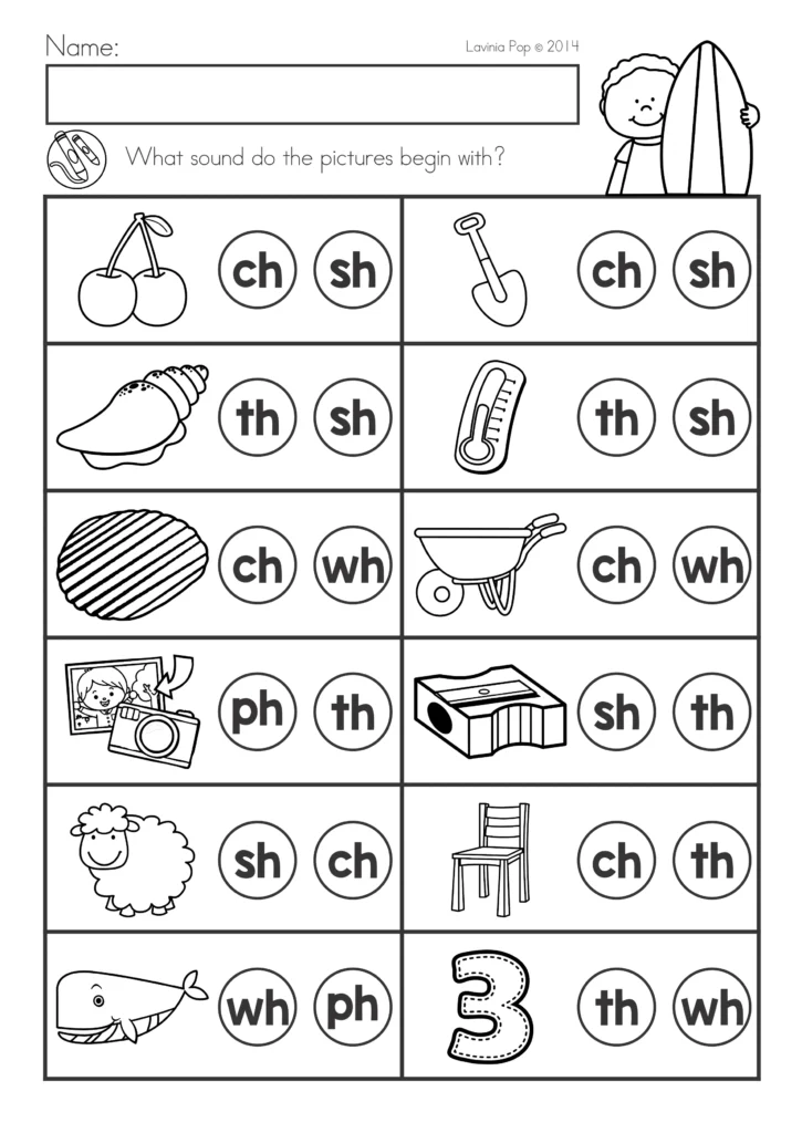 ummer Review Kindergarten Worksheets beginning digraph worksheet choosing correct digraph sounds for cherry, shell, thermometer, wheelbarrow, whale, and chair