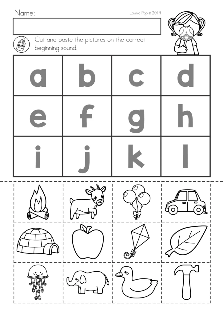 Summer Review Kindergarten Worksheets beginning sounds cut and paste worksheet matching pictures to letters a to l