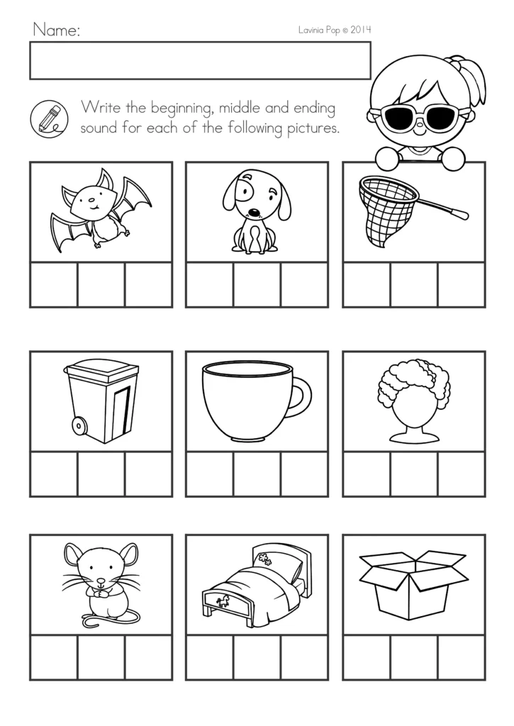 Summer Review Kindergarten Worksheets CVC words worksheet writing beginning middle and ending sounds for bat, dog, net, cup, wig, mouse, bed, and box
