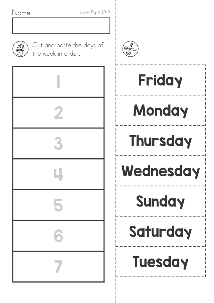 Summer Review Kindergarten Worksheets days of the week cut and paste activity putting Monday to Sunday in order