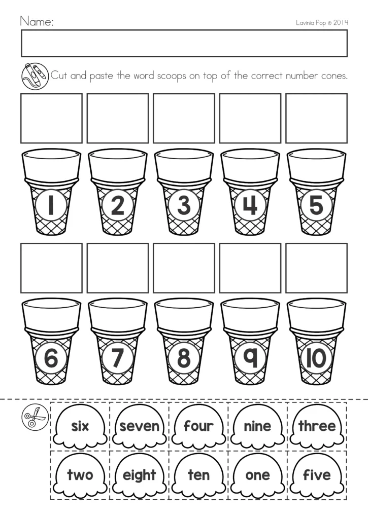 Summer Review Kindergarten Worksheets number word match worksheet with cut and paste ice cream scoops matching number words one to ten with numbered cones
