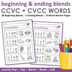 Beginning and ending blends worksheets CCVC CVCC words with tap blend read phonics activities for kindergarten and first grade students