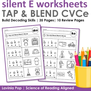 Silent E Worksheets Tap and Blend CVCe Words cover showing phonics worksheets with bake and bike examples and 35 pages with 10 review pages
