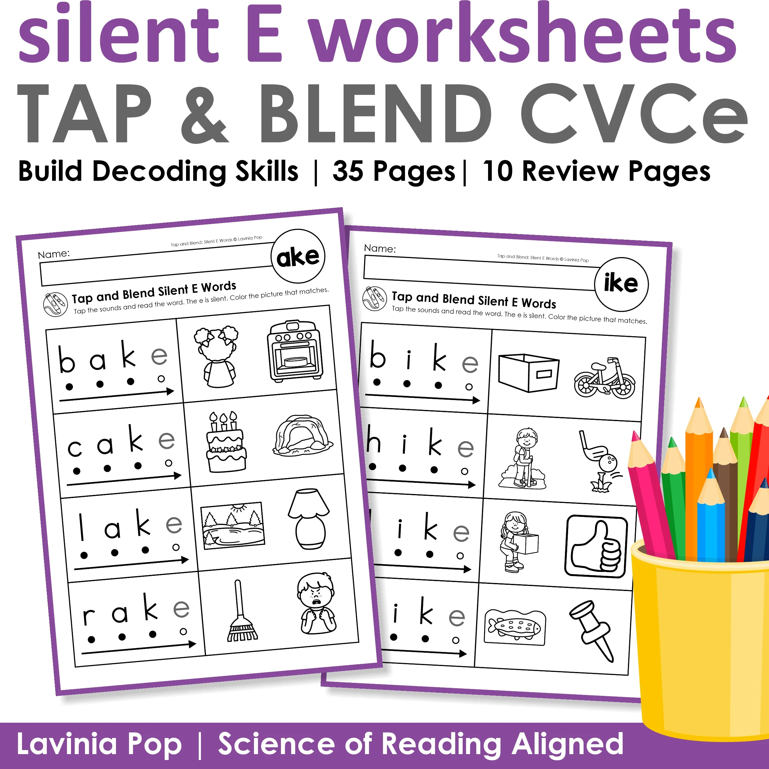 Silent E Worksheets Tap and Blend CVCe Words Cover | 35 Pages 10 Review Pages Silent E Worksheets Tap and Blend CVCe Words cover showing phonics worksheets with bake and bike examples and 35 pages with 10 review pages